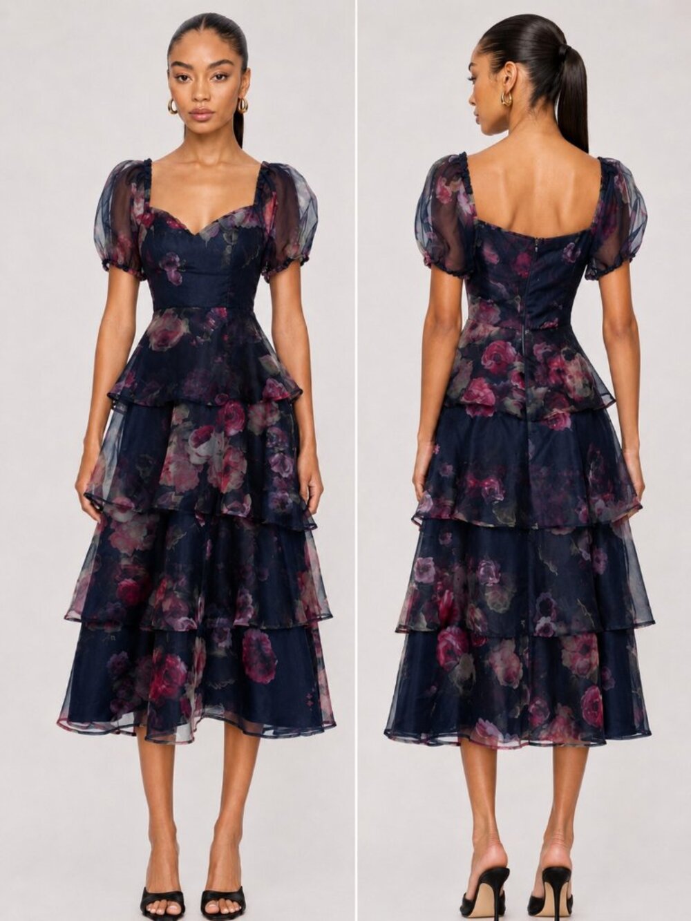 Lulus Oh-So Stunning Navy Floral Organza Tiered Midi Dress Small NWT